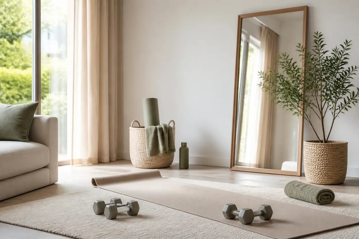 Aménager un coin sport cocooning pour rester en forme chez soi dans un salon lumineux et chaleureux