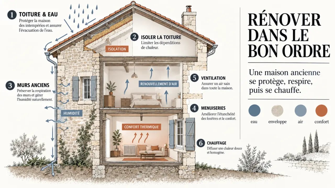 Rénover une maison ancienne avec charme et confort thermique : ordre des travaux et interactions entre isolation, humidité et ventilation
