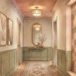 Idée déco couloir moderne : couloir étroit lumineux avec miroir et rangements fins
