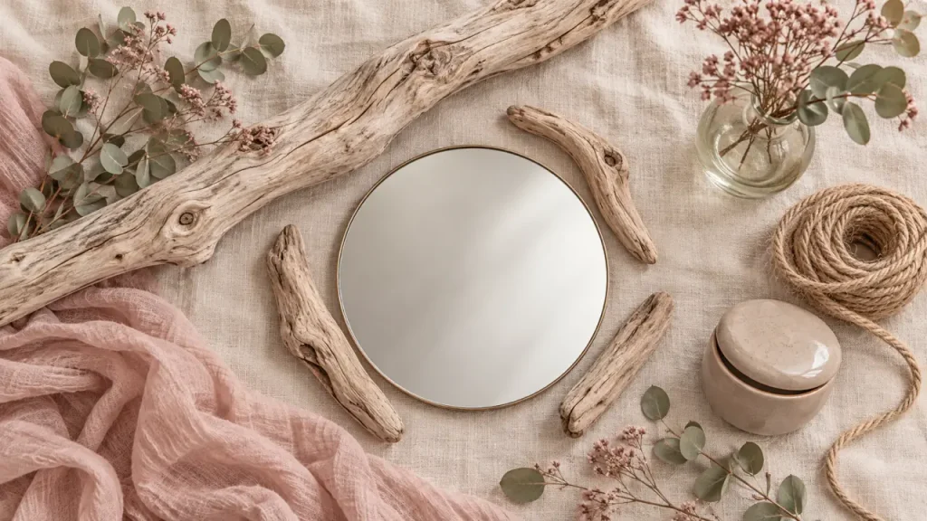 Le bois flotté crée une ambiance nature avec des idées déco simples, du miroir aux plantes suspendues