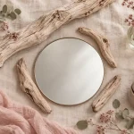 Idées déco bois flotté ambiance nature : miroir rond, bois flotté, corde et plantes séchées