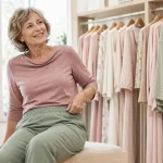 Magasin vêtement femme 70 ans : femme essayant un pantalon extensible en boutique