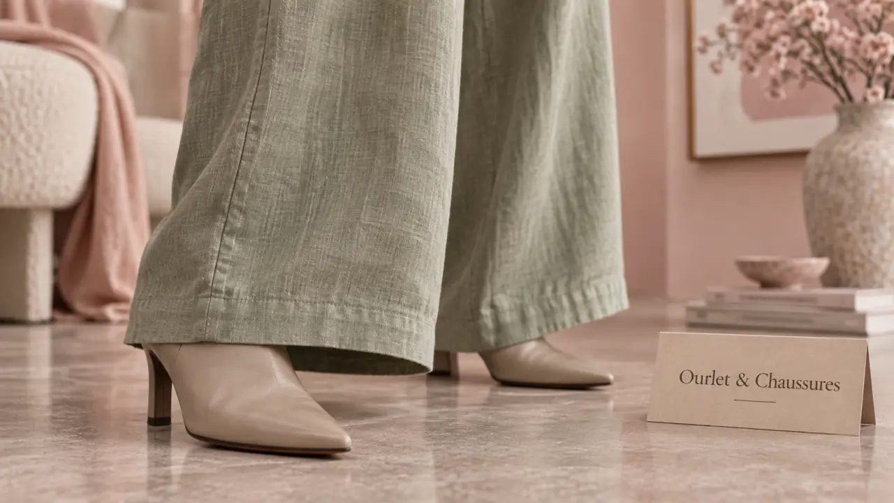 Quelle chaussures mettre avec un pantalon large : bottines en cuir taupe et ourlet effleurant le sol