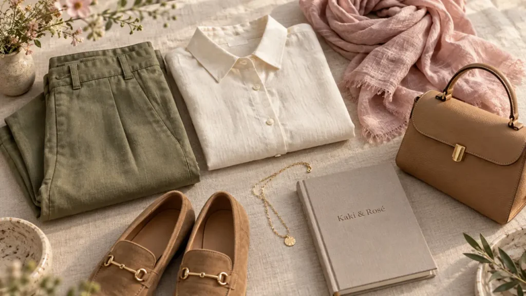 Le kaki s’accorde avec le blanc, le camel ou le rose selon le style recherché