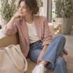 Tenue décontractée femme chic : jean et blazer rosé, t-shirt écru, baskets