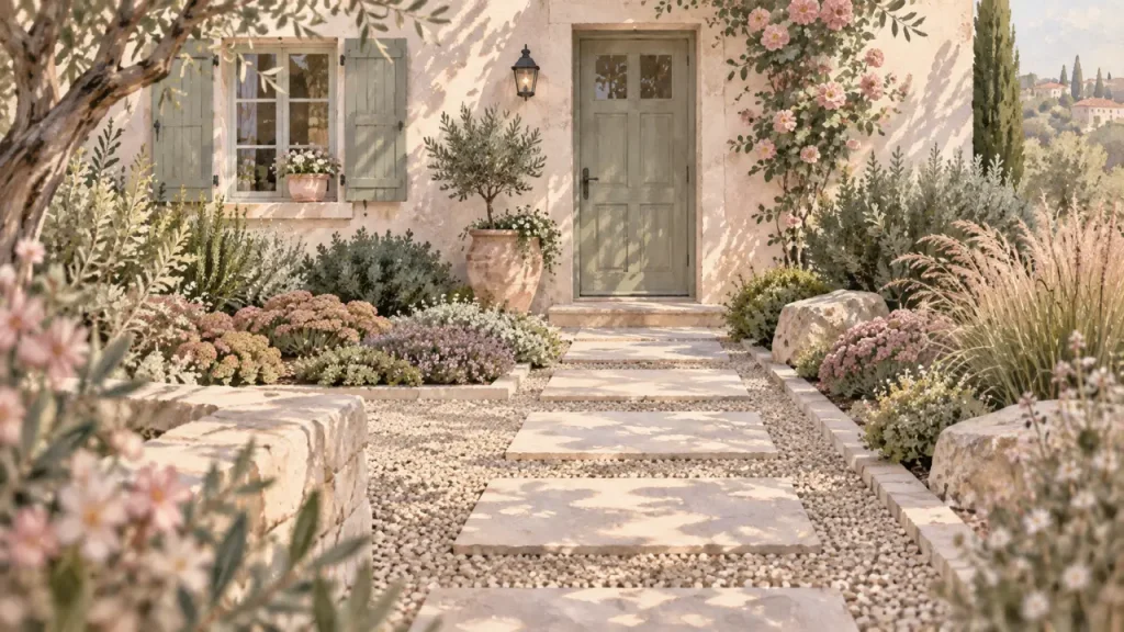Aménagement devant maison sans pelouse : allée, plantes et matériaux faciles à entretenir