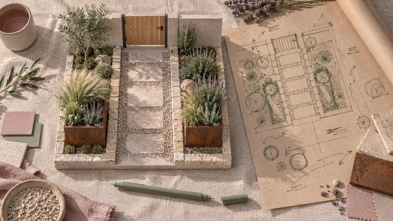 Aménagement paysager idee amenagement jardin devant maison : entrée pierre et gravier, bacs Corten et lavande