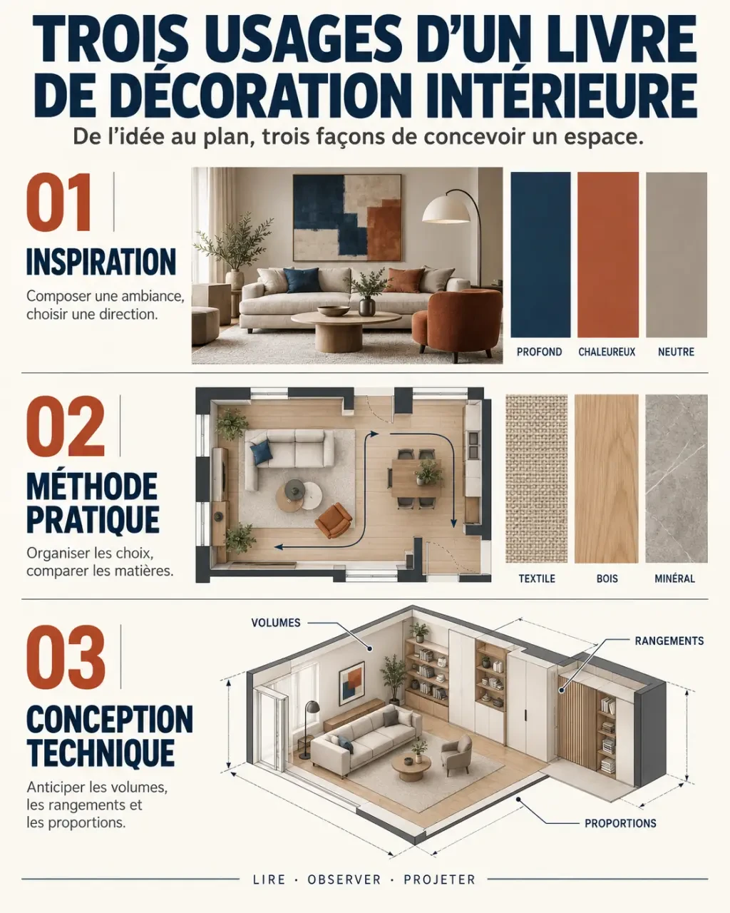 Infographie pour choisir un livre sur la décoration intérieure entre inspiration, méthode et conception