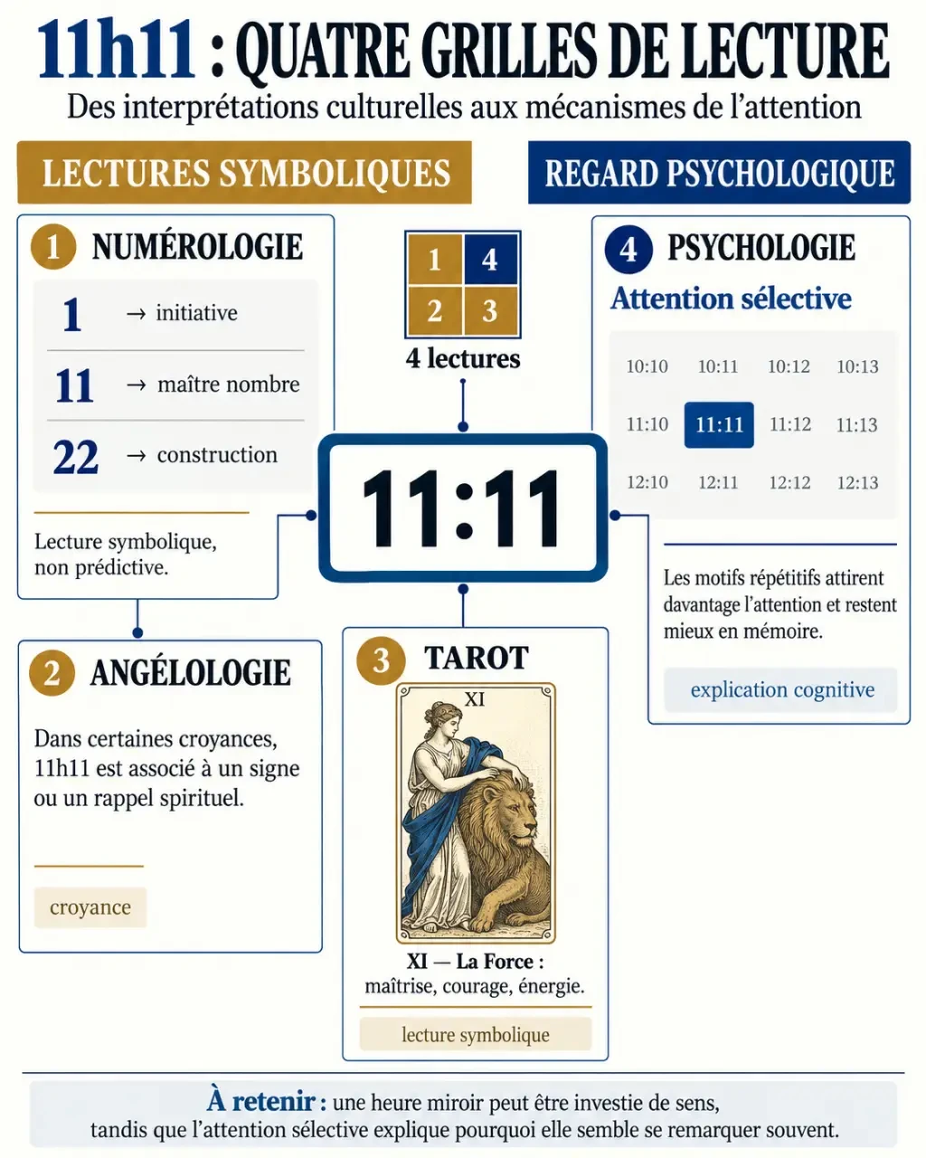 Infographie sur la signification de l’heure 11h11 entre numérologie, spiritualité et psychologie