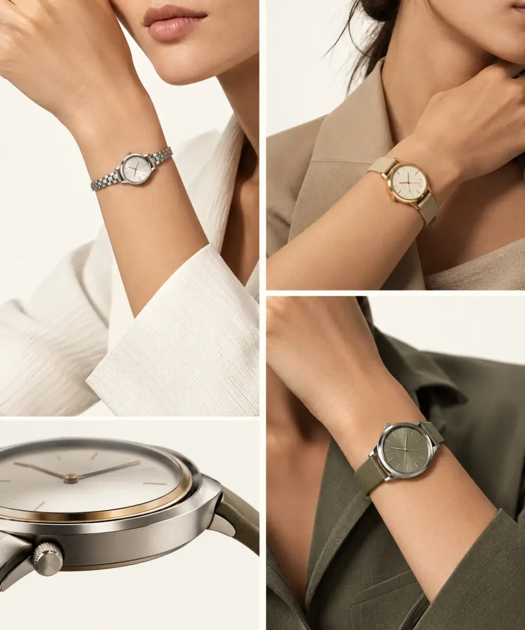 Tendance montre femme avec mini-montre et bracelets beige, kaki et métalliques