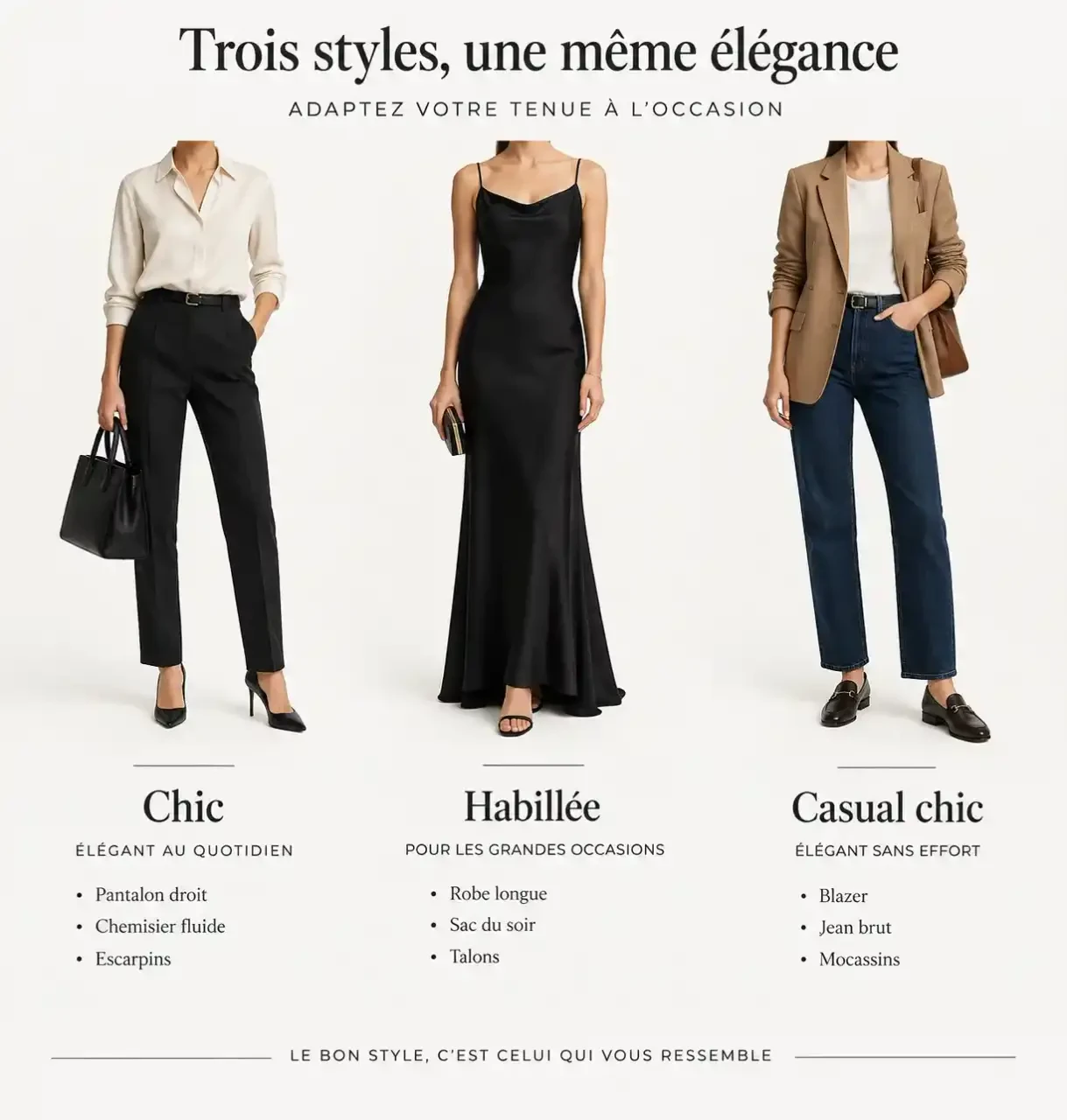 Trois exemples de tenue chic femme : look chic, look habillé et look casual chic côte à côte