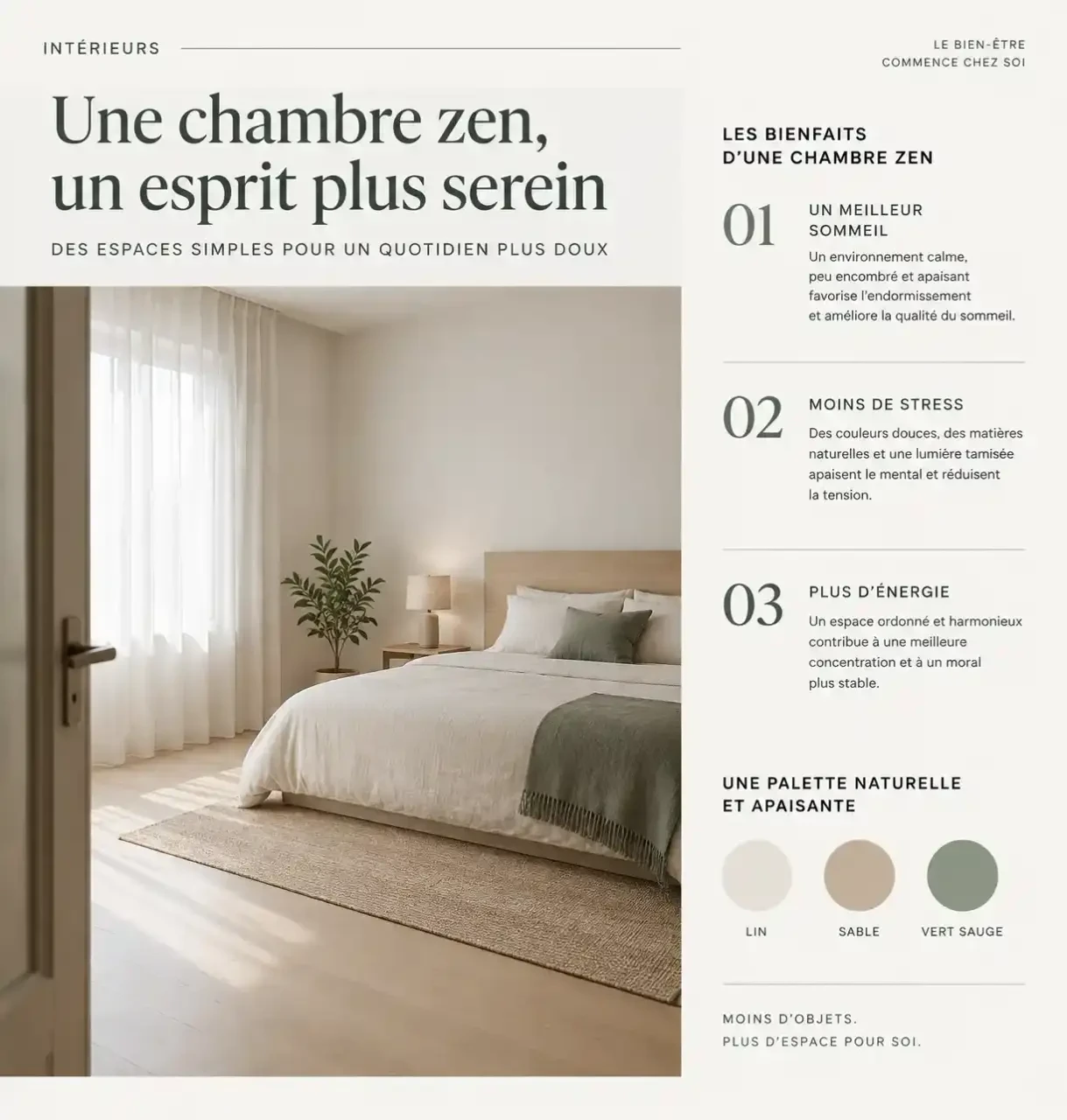 Idée pour décorer une chambre zen avec lit en lin, bois clair, lumière douce et palette beige et vert sauge