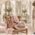 Style bohème chic à 50 ans : robe lin, veste daim clair, chapeau feutre